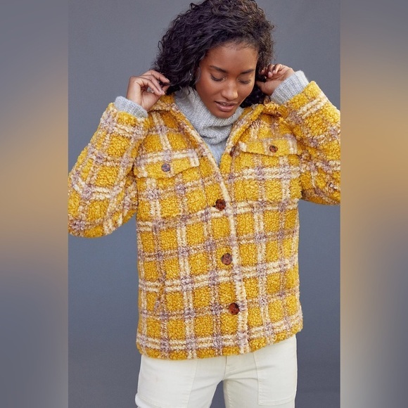 Anthropologie Driftwood Ryan Plaid Sherpa Shirt Jacket Shacket Yellow Cream M - Picture 1 of 15